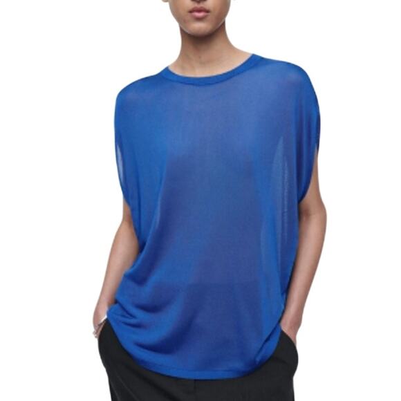 COS L Womens Cobalt Blue Knitted Circle Cut Tee Short Semi Sheer Modern *flaw - Picture 1 of 15